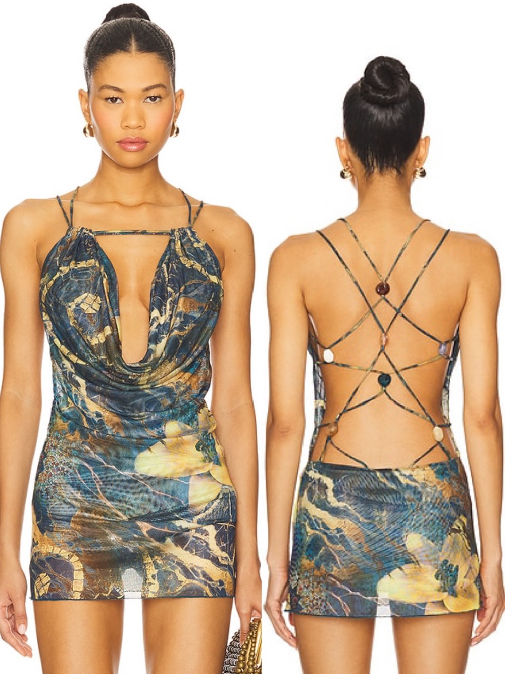 Jaded London revolve going out strappy black printed plunge dress size US 10 NWT